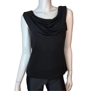 Xscape By Joanna Chen Micro Polkadot Draped Front Sleeveless Black Blouse